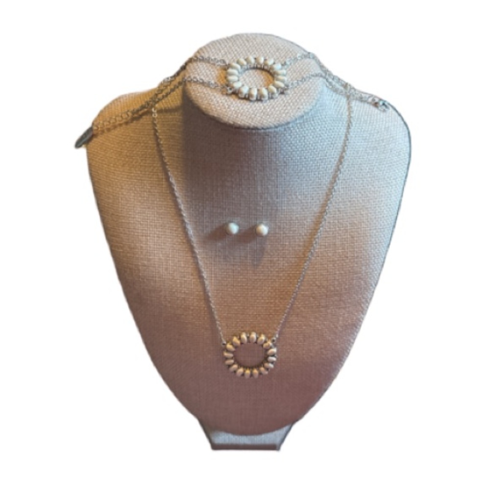 silver-Tone Sunburst Pendant Necklace with Pearl Stud Earrings & bracelet